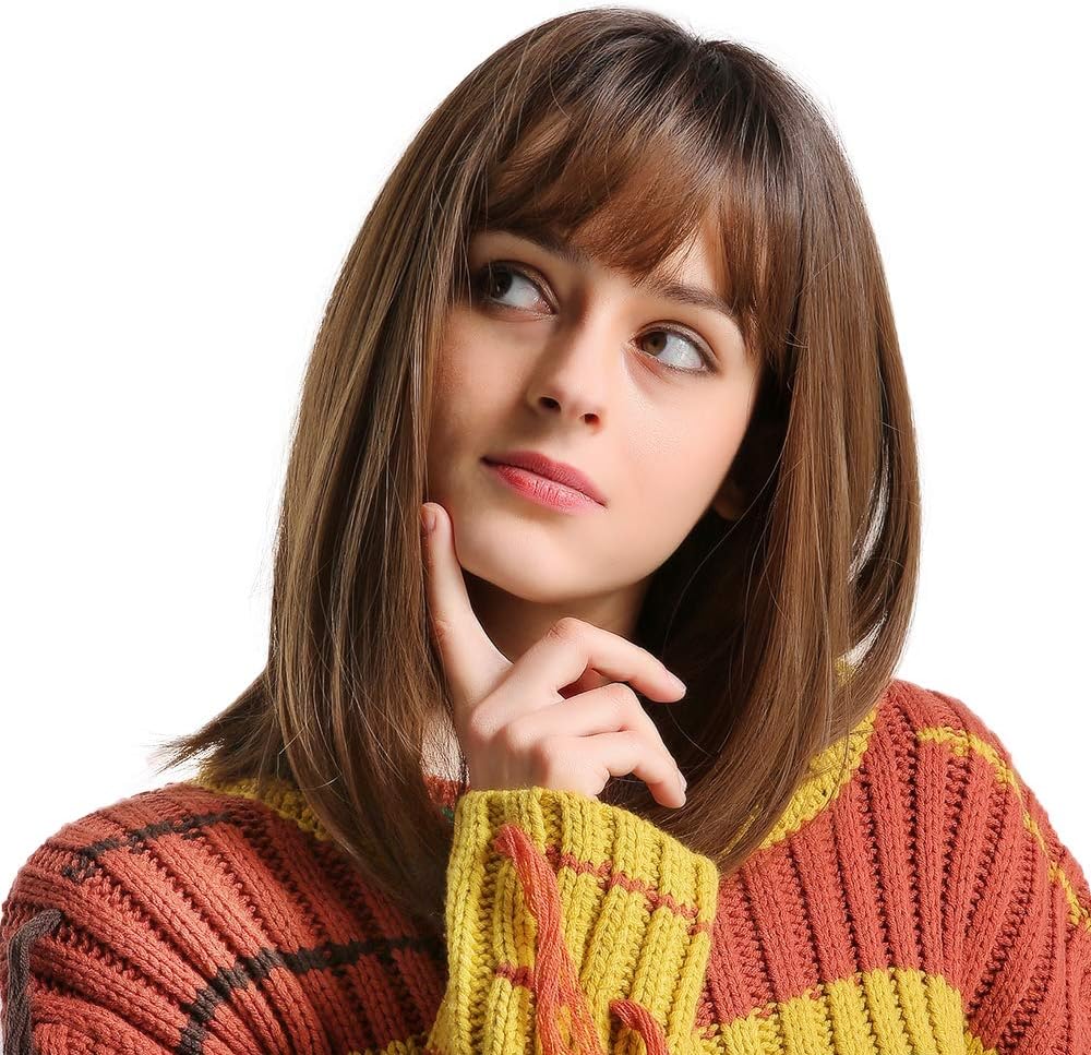 EMMOR Brown Bob Hair Wigs for Women Natural Wigs With Fringe Bangs Heat Resistant Synthetic Wigs, Ombre Brown