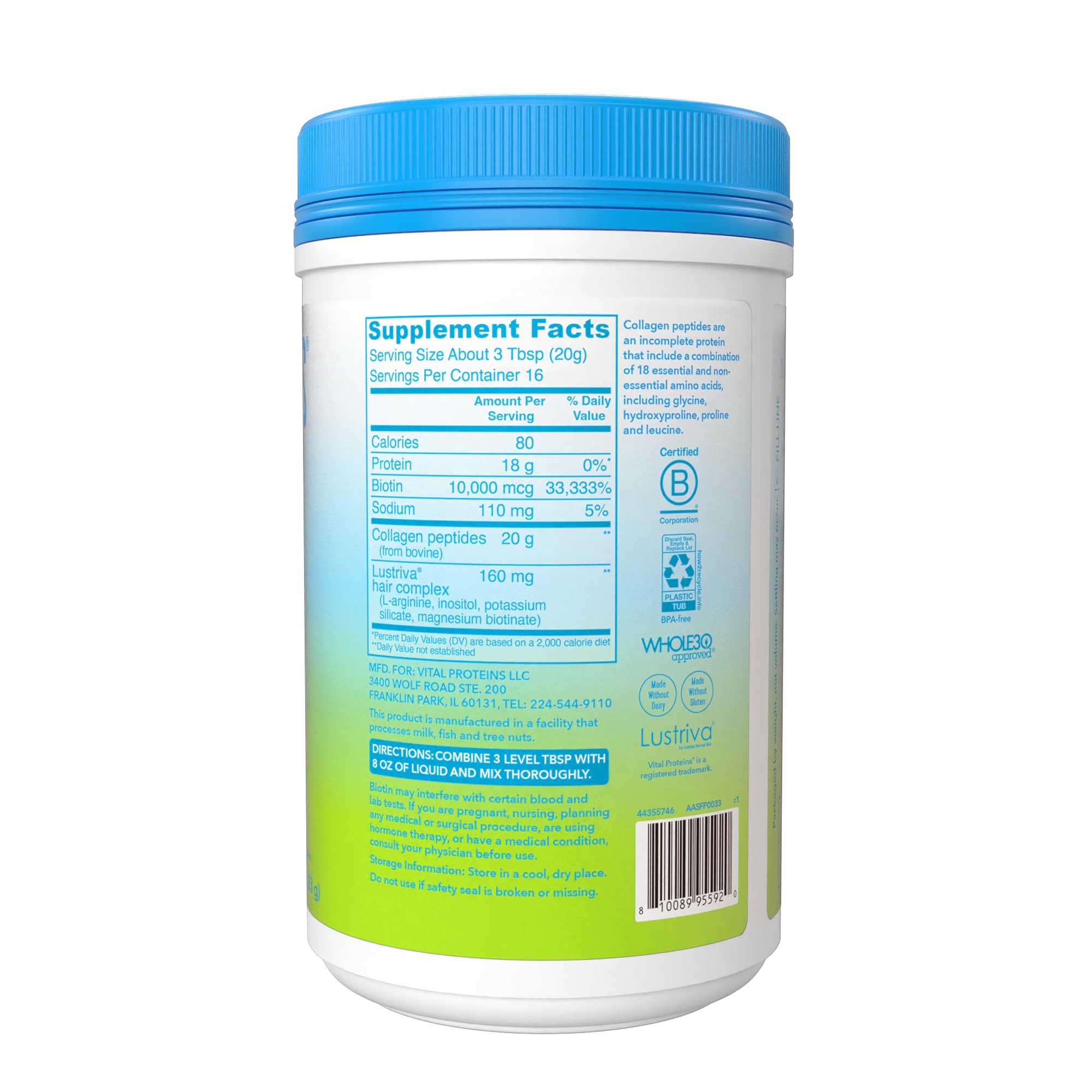 Vital Proteins Collagen Peptides + Biotin 10000mcg Hair Complex, Hair Growth Supplement - Clinically Studied Lustriva to Promote Thicker Fuller Hair, 20g Unflavored Collagen for Women 11.4oz Powder