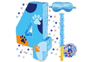RUISUER 16 Inch Number 4 Dog Paw Pinata with 16 Inch Piñata Stick Blindfold Confetti for Boy Girl Kids 4th Birthday Party Decorations (4th)