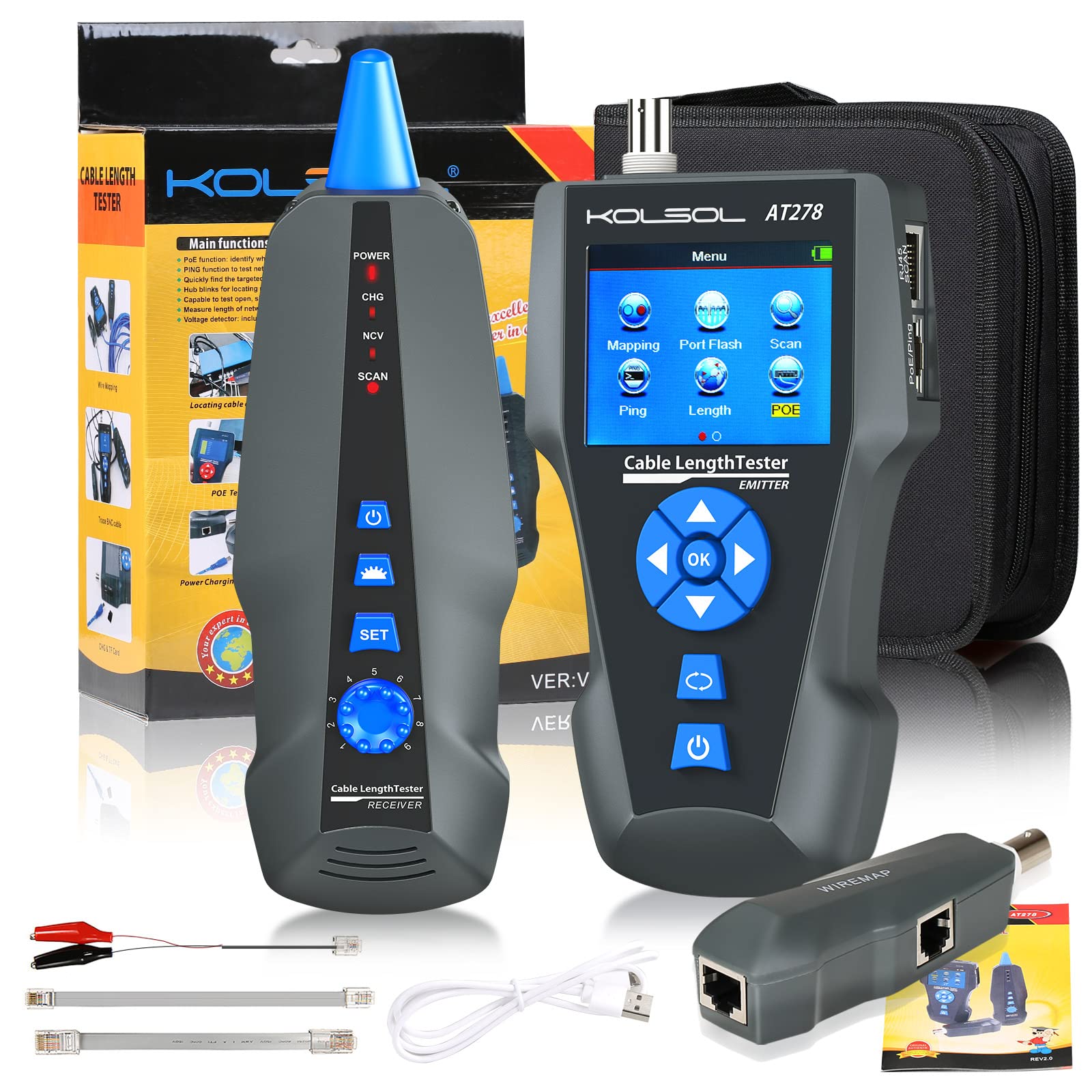 KOLSOL Network Cable Tester, NF-8601S TDR Multi-Functional LCD Wire Tracker for RJ45, RJ11, BNC, Metal Cable,PING/POE Cable Length Test with Port Flashing