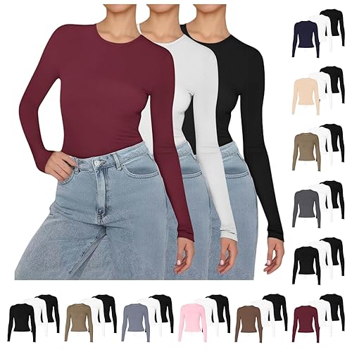 Ladies Long Sleeve Tops, Basic Plain Crew Neck Base Layer, Soft Comfortable Ladies Long Sleeve T Shirt for Layering, Casual Slim Fit Basic Top for All Seasons