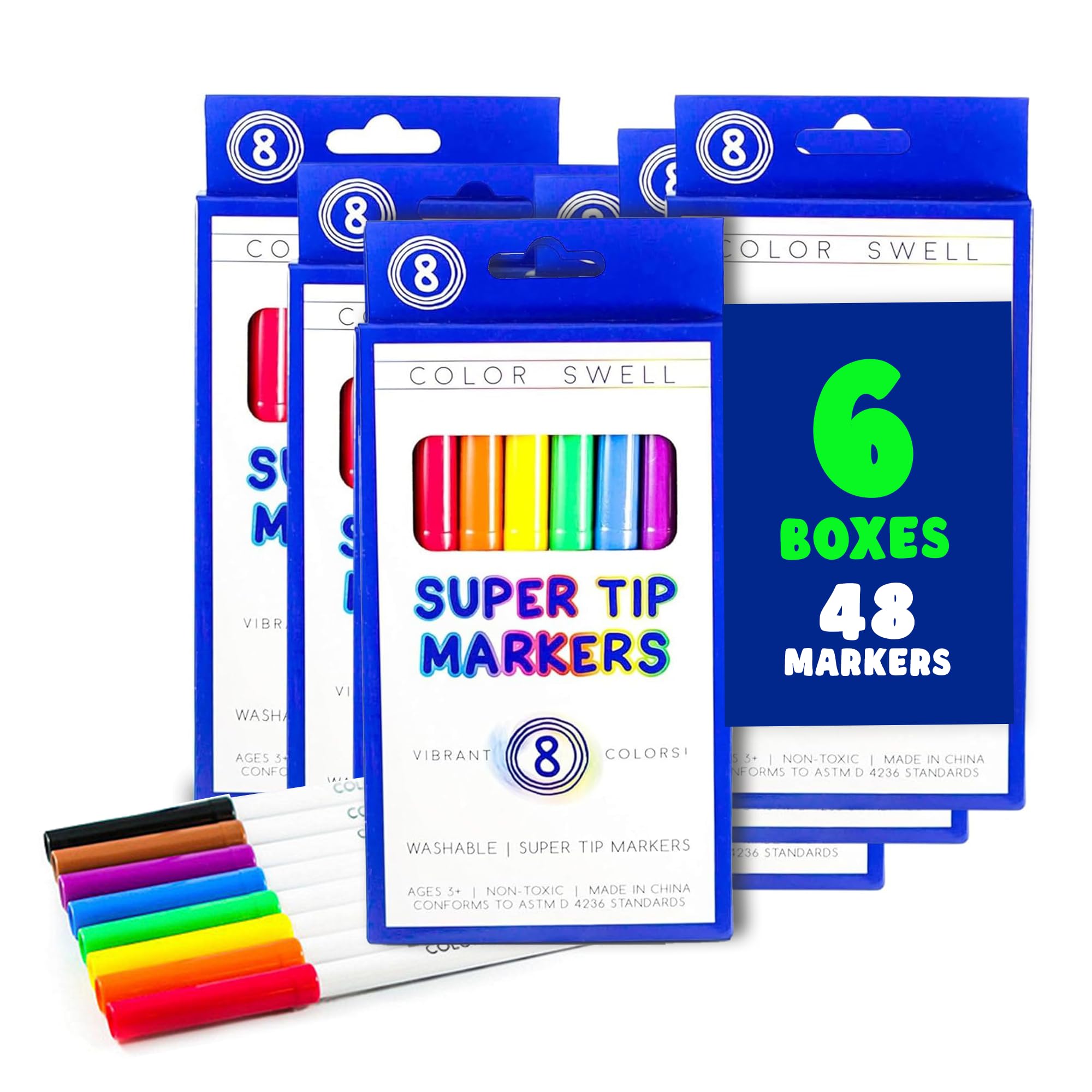 Color Swell Super Tip Washable Markers Bulk Pack Of 6 Boxes Of 8 Vibrant Colors (48 Total) Perfect For Kids, Parties, Classrooms
