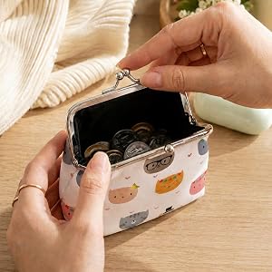 Cute Cartoon Cat Print Kiss‑Lock Coin Purse, Mini PU Leather Clutch Pouch For Coins Keys Earbuds Small Accessories