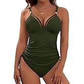 Dridreo Womens Tummy Control One Piece Swimsuit Ribbed Slimming Mesh Bathing Suit Metal Tie Knot Swim Suits