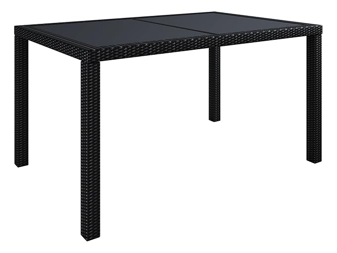 VCM Polyrattan Gartenmöbel Esszimmertisch Esstisch Gartentisch Glas Rattanmöbel Essgruppe Breite 140 cm, Schwarz