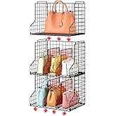 Sonyabecca Purse Storage Organizer for Closet : Adjustable 3-Pack Dividers Handbag Organizer - Stackable Wire Handbags Storage Baskets -Open Cabinets Wallets Tote Chain Bags Clutches