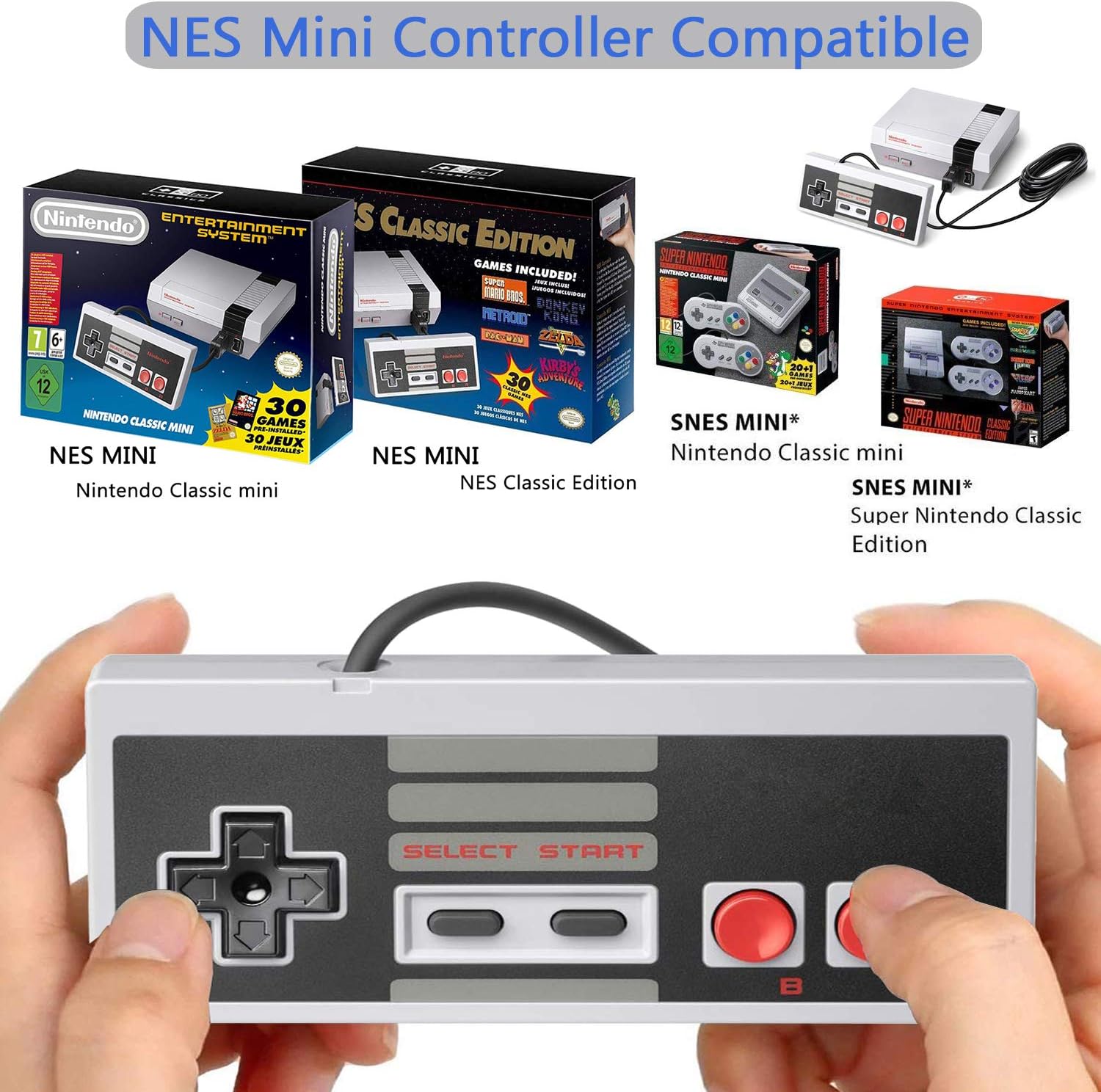 NES Classic Controller with 12FT Cable [2-Pack] for Nintendo Classic Mini Edition,NES Classic 2016,SNES Classic 2017,2 Pack Classic Mini Controllers with 2 Set Conductive Adhesive Pads - Wired Joypad: Computers & Accessories