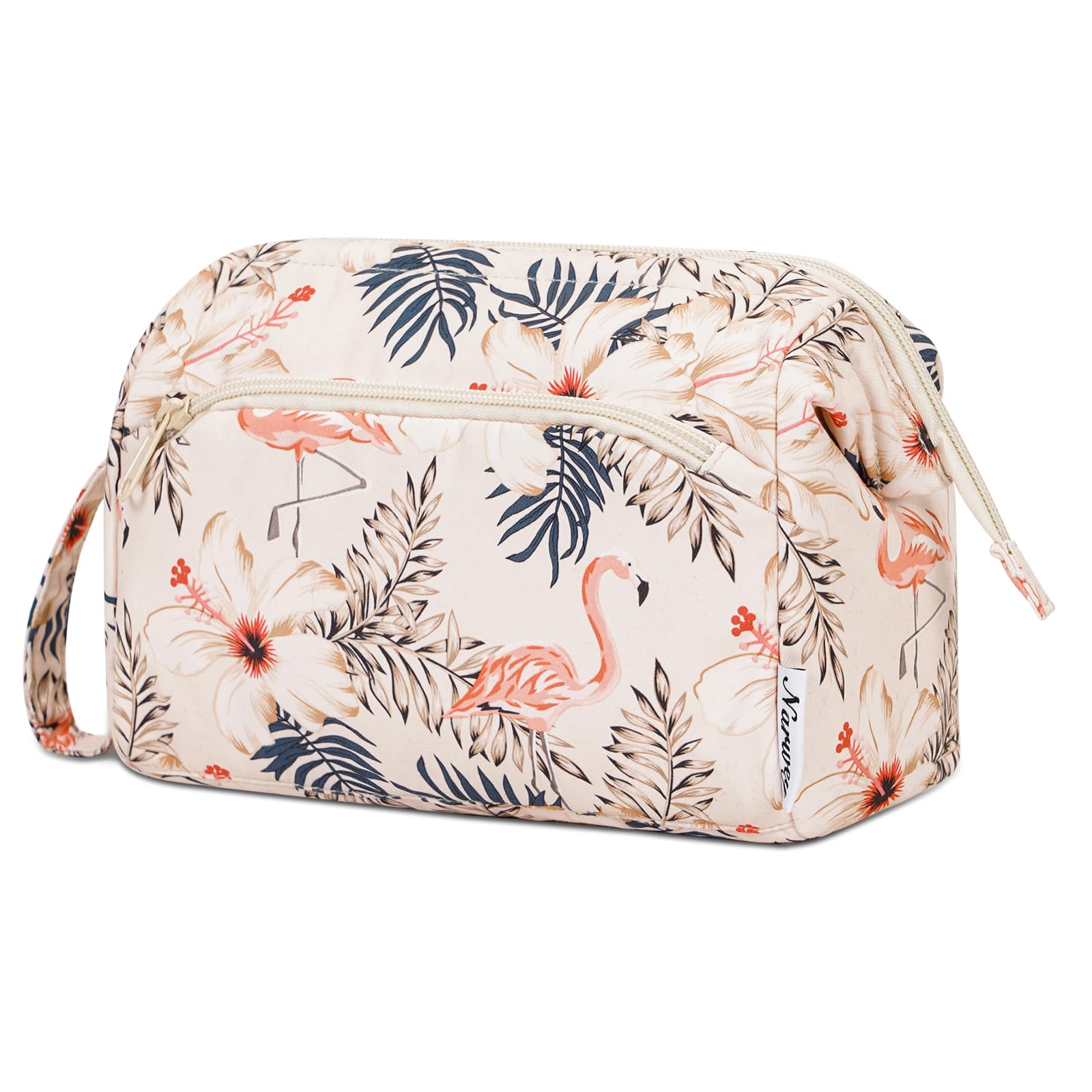 Narwey Large Makeup Bag Wide-open Zipper Pouch Travel Wash Bag Toiletry Bag Cosmetic Organizer for Women (Beige Flamingo)
