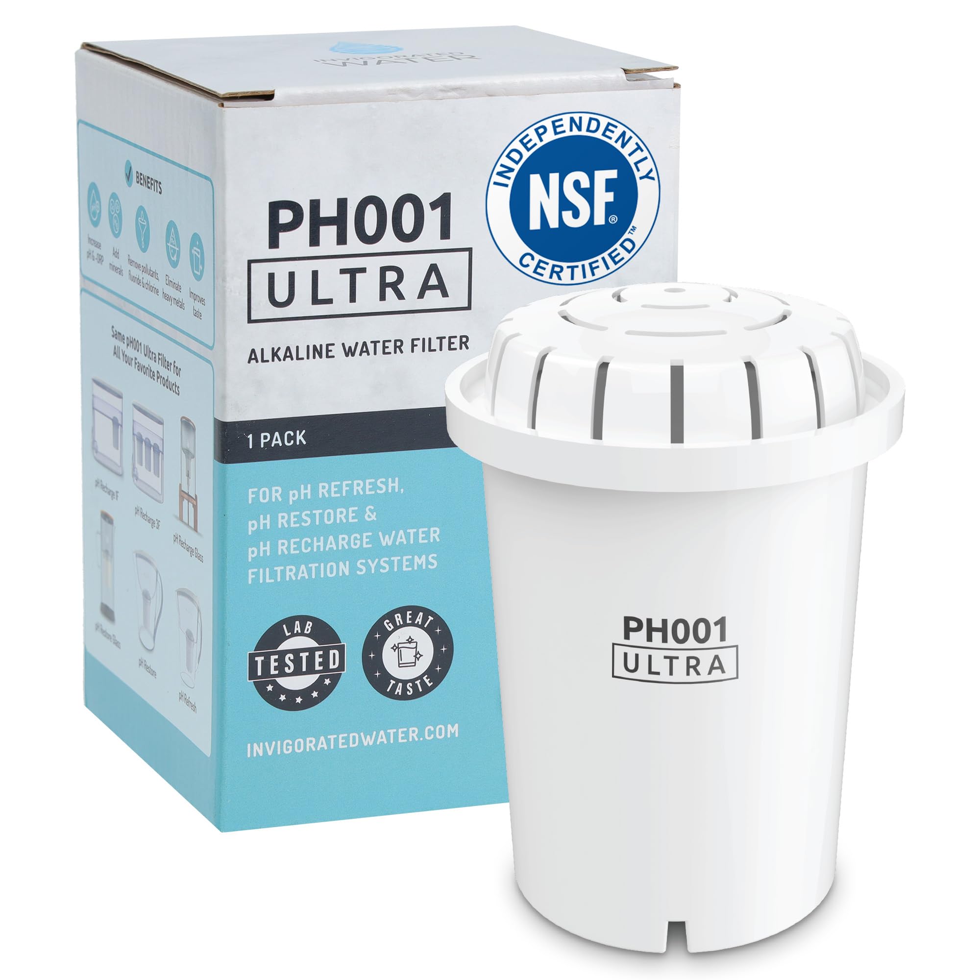 Invigorated Water PH001 Ultra Alkaline Water Filter – Replacement Cartridge for Pitchers – pH Water Filter, 379 Liters Capacity (1-Pack White)