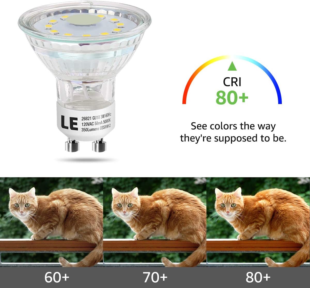 LE GU10 LED Light Bulbs, 50W Halogen Equivalent, Non Dimmable, 5000K Daylight White Natural Light, LED Bulb Replacement for Recessed Track Lighting, 3W 350lm 120° Flood Beam Angle, Pack of 6 - - 