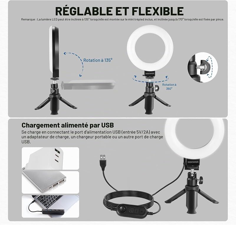 Ring Light 12,7cm Basics pour Visioconférence, Kit 2 Lumières à Clipser avec Trépieds de Bureau pour Écran, PC, Appels Zoom, Streaming, Télétravail, Cours en Ligne, Enregistrement Vidéo, BR60