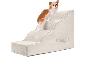 PAWSCRAT Dog Stairs 4 Steps, 19.6 inch High Pet Stairs, 30D Foam Dog Dtairs & Steps Curved Steps and Small Step Angle Protect Your Pet's Joints, Dog Steps for Small Dog, Beige