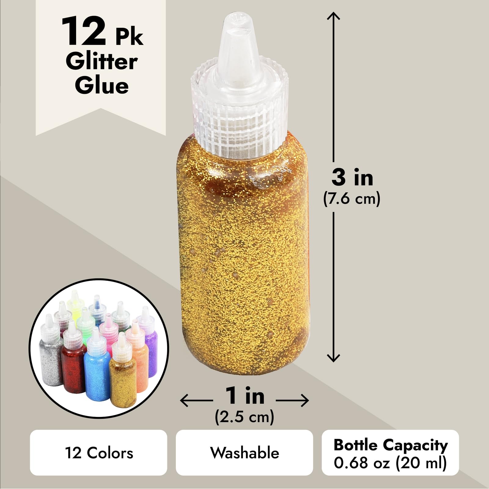 Bright Creations Glitter Glue for Crafts - 12-Pack Easy-Squeeze 20 ml Bottles - Neon Metallic Colors & Washable Easy Clean-Up