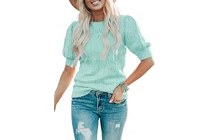 Foshow Womens Puff Short Sleeve Sweaters Tops Fall Soft Crew Neck Dot Pullover Shirt Lightweight Knit Sweater Blouse