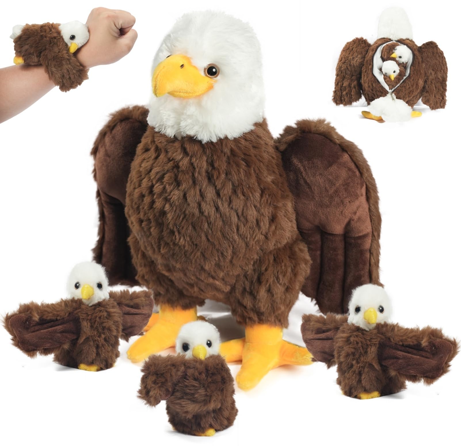 4 Pcs Bald Eagle Stuffed Animal Plush Bulk Large Mommy Eagle Plush with 3 Cute Babies Stuffed Eagle Plush Toys Plushies for Kids Boys Girls Birthday Easter Stuffers Birders Zoo Plush Gifts