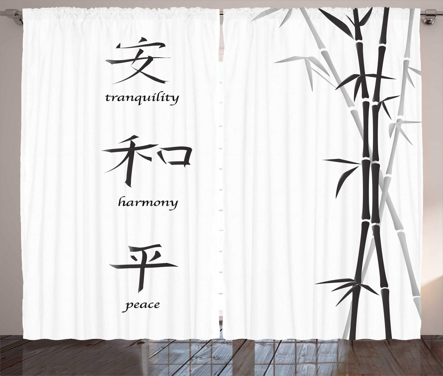 ABAKUHAUS Bamboo Curtains, Illustration of Chinese for Tranquility Harmony Peace with Bamboo Pattern, Living Room Bedroom Window Drapes 2 Panel Set, 89 L X 110 W, Black White