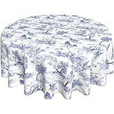 BYONEESS French Country Tablecloth 60 Inch Round Vintage Toile Blue Table Cloths Washable Rustic Classic Village Table Cover for Holiday Kitchen Party Picnic Outdoor Decor