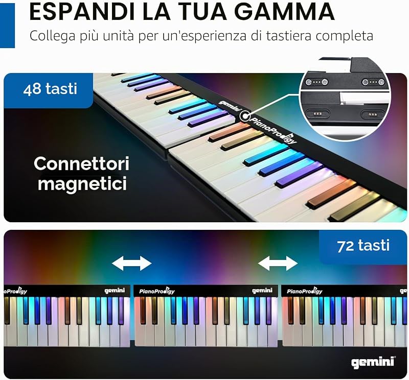 Sound PianoProdigy: Tastiera MIDI Wireless Illuminata a 24 tasti GPP-101, È Necessario Connettersi al Dispositivo iOS/Android per l'Audio, Espandibile, Bluetooth, Portatile