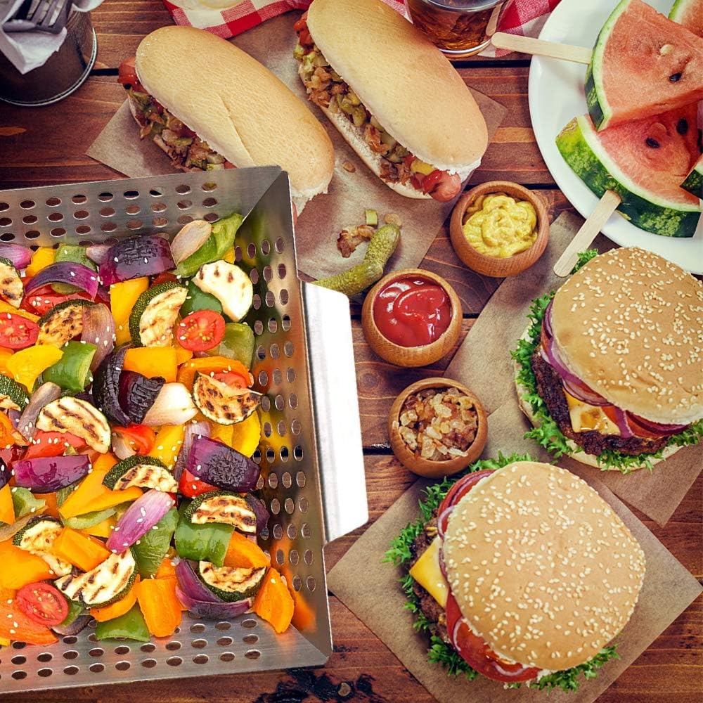HomeMall Grill Basket for Vegetables & Meat - Large BBQ Grilling Basket - Stainless Steel Barbecue Grilling Accessories for Veggies, Kabobs, Seafood - Bonus Basting Brush : Garden & Outdoor
