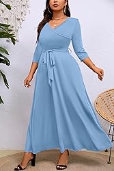 Runwind Plus Size Dress for Women 3/4 Sleeve V Neck