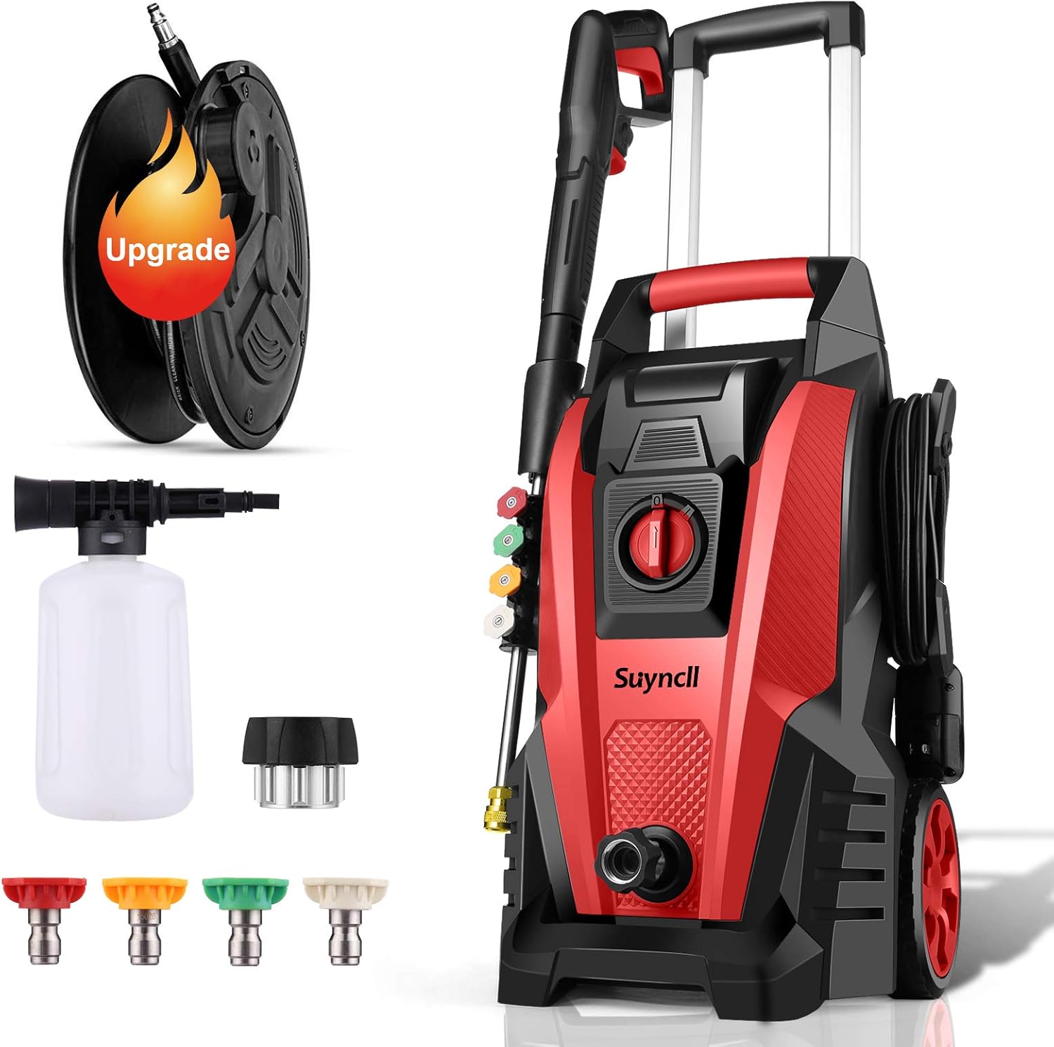 Power Washer, Suyncll Pressure Washer 3800 Max PSI 2000W Electric Portable High Pressure Cleaner Machine with 4 Nozzles, Detergent Tank and Hose Reel, for Homes, Cars, Driveways, Fences, Patios (Red) : Garden & Outdoor