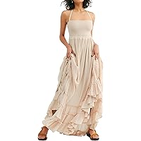 LILBETTER Women's Beach Crochet Backless Bohemian Halter Maxi Long Dress  (White,Small) at Amazon Women's Clothing store