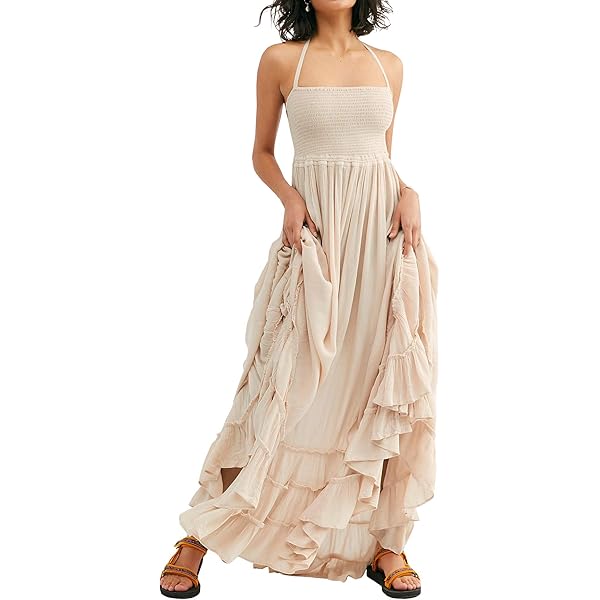 Romose Boho Summer Dress – V-Neck Lace Maxi Dress In White & Beige | Casual Beach Sundress For Women