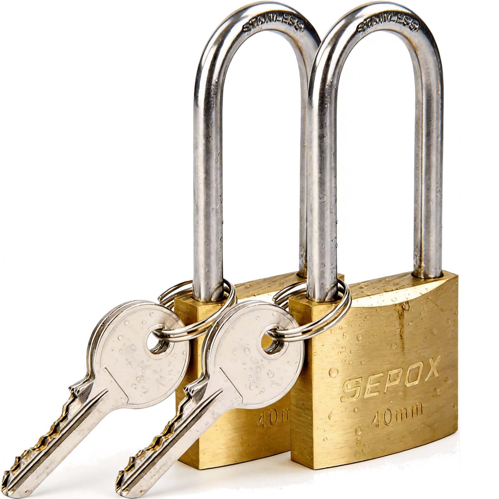 SEPOX® Marine Grade Outdoor Padlocks Keyed Alike, 40mm Heavy-Duty Solid Brass Lock Weather Proof, SUS304 Stainless Steel Long-Shackle, Rust Proof for Warehouse Garage Shed (2X Brass 40mm Long)