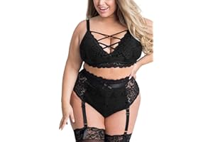 EVELUST Plus Size Lingerie for Women - Sexy Luxe Criss-cross Bra Lace Cup Classic Underwear High Waisted Suspender Set