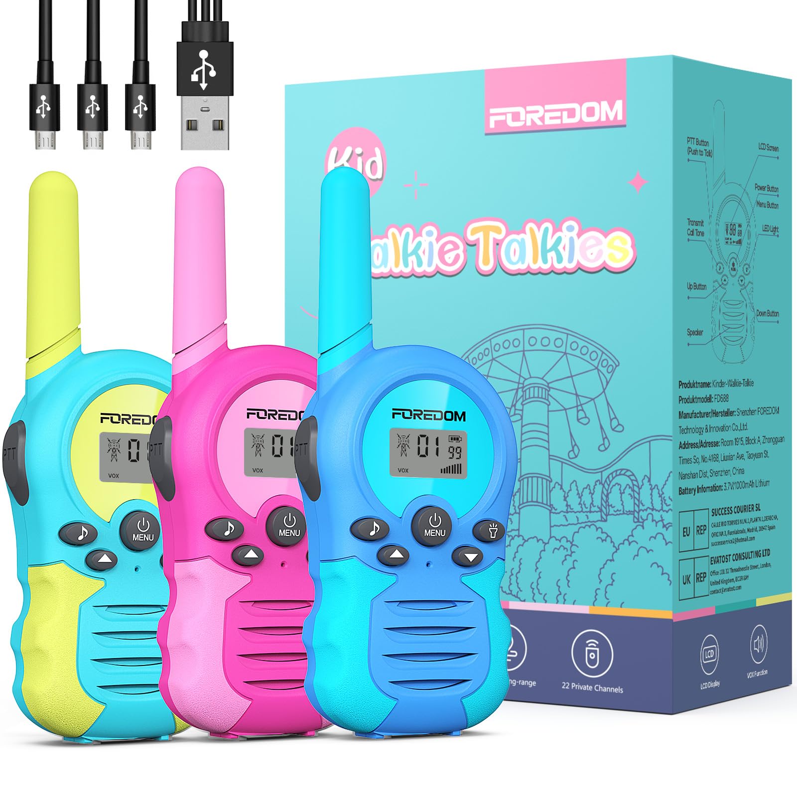 FOREDOM Rechargeable Walkie Talkies for Kids Walkie Talkies Long Range for Boy & Girl Age 3 to 12 Year Old Birthday Toys - 3 Pack — image 1