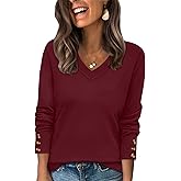 WIHOLL Lightweight Sweaters for Women Long Sleeve V Neck Knit Outfits with Decorative Buttons