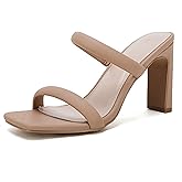 Coutgo Womens Square Open Toe Heeled Sandals Two Strap High Heel Backless Dress Slip On Mules