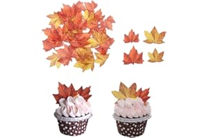 GEORLD Edible Fall Leaves Set of 48 Cake Decorations, Autumn Cupcake Topper 2 Colors