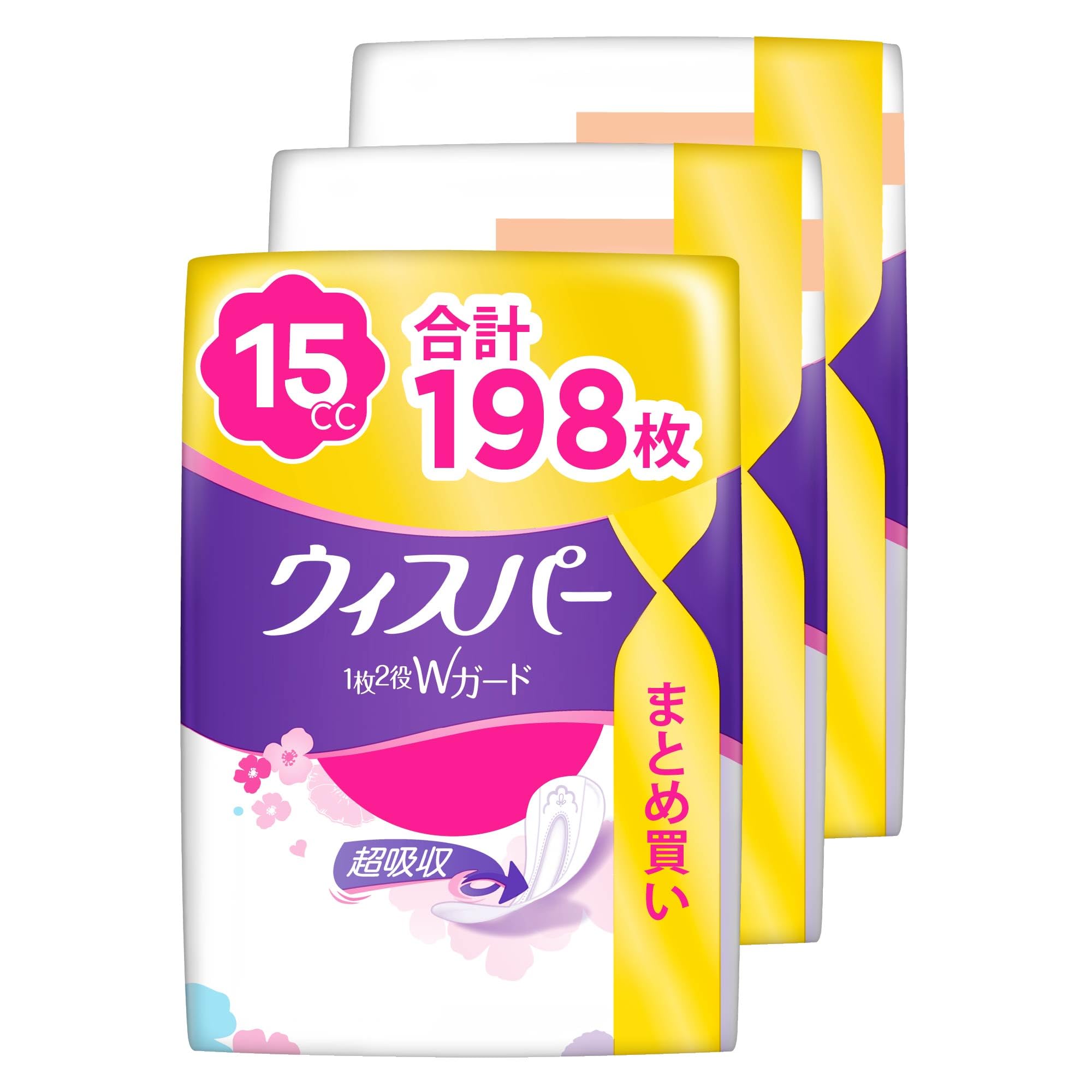 WHISPER ウィスパー 1枚2役Wガード 15cc 198枚 (66枚×3パック) (吸水ナプキン 尿漏れパッド 女性用)【おりもの&水分ケア】商品画像