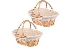 2 Pack Medium Size Wicker Basket with Handle, 12.6x9x4.7 inch Wicker Picnic Basket with Liner, Empty Gift Basket, Oval Willow Woven Basket for Fruit, Candy, Gathering, Wedding, Picnic, by,GNIEMCKIN