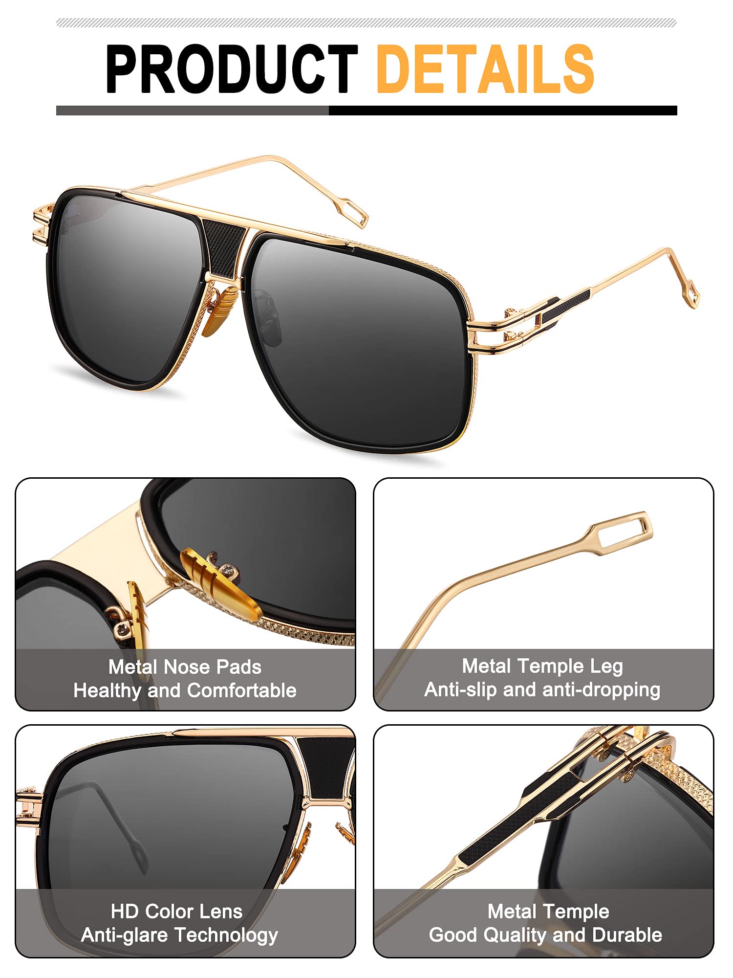 Frienda 3 Pairs Retro Sunglasses for Men Oversized Men Shades Glasses Fashion Alloy Metal Gold Frame Polarized Sun Glasses