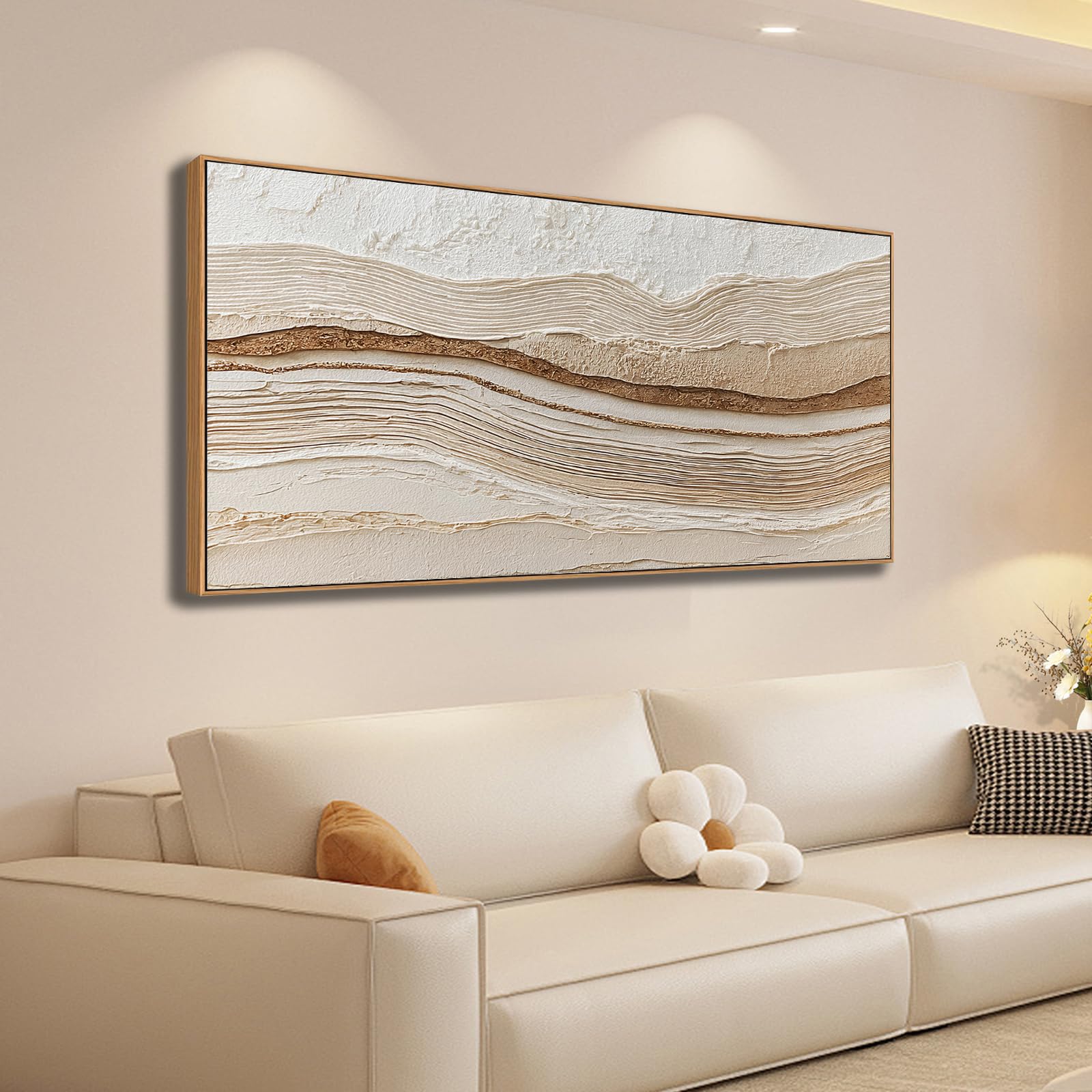 Photo 1 of ***NOT TEXTURED*** Sorbrozo Abstract Textured Wall Art 24x48 Inch Framed Neutral Beige and Gold Wavy Landscape Canvas Print Modern Decor for Living Room Bedroom & Office