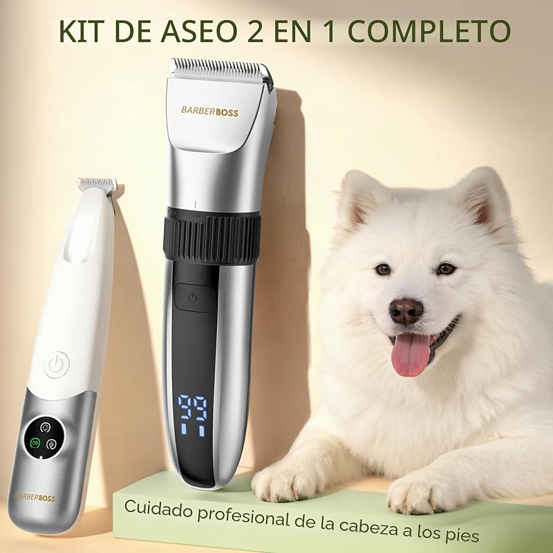 Máquina de cortar cabelo sem fios para cães, impermeável, lâminas cerâmicas, ecrã LED, carregamento rápido, máquina elétrica para animais (prateada e branca)