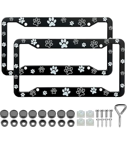 Dog Paw Pattern License Plate Frame 2 Pack Aluminum Universal Round Hole Car License Plate Covers Aluminum License Plate Holder With Fixings And...
