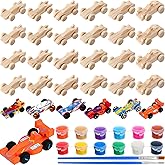 Lenwen 24 Pcs DIY Wooden Race Cars, Unfinished Wooden Car Race Cars Toy with 12 Color Acrylic Paint Easy Woodworking Set, Arts and Crafts Kit Birthday Party Presents for Boys and Girls(Classic)