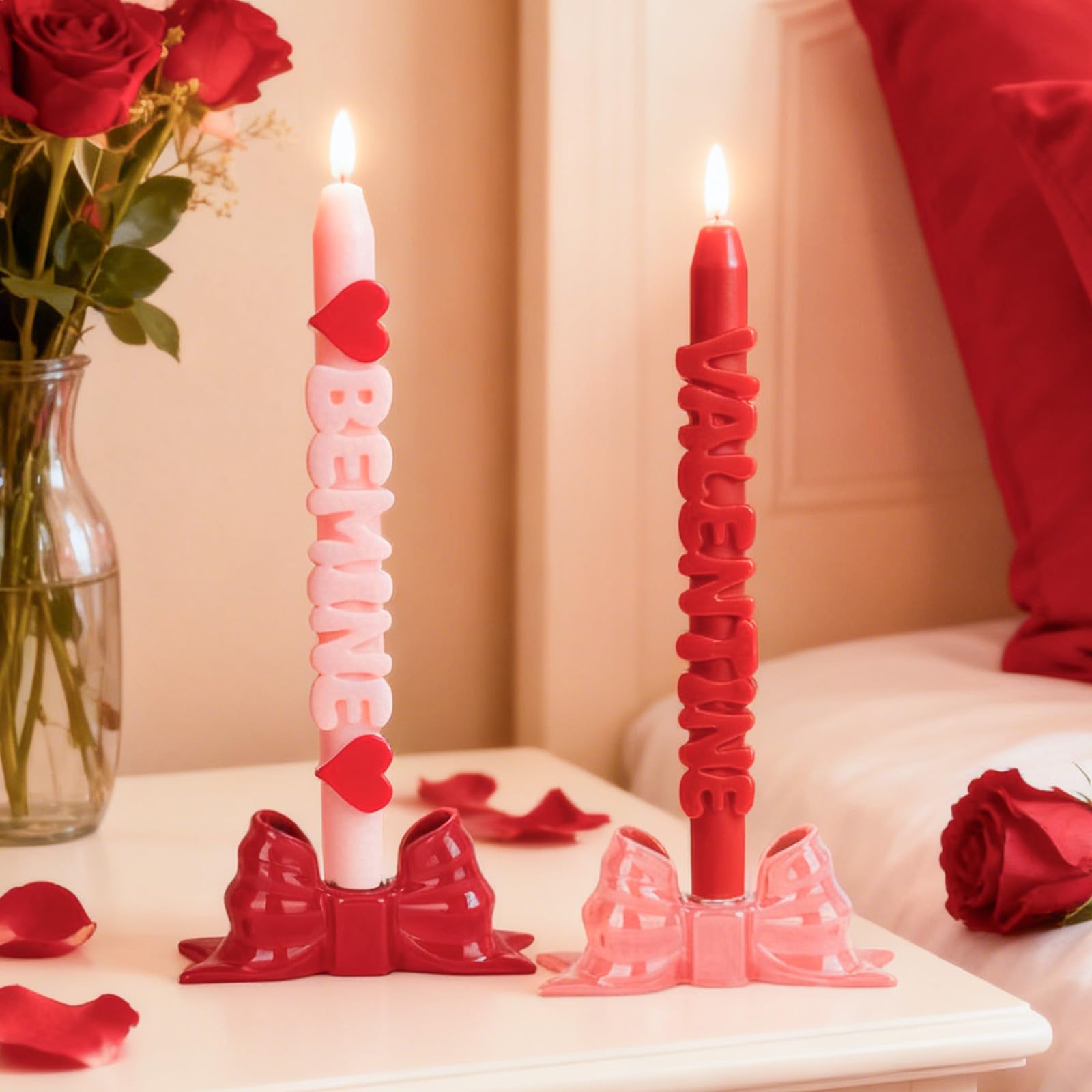 Photo 1 of **Dont **DN DECONATION Flameless Taper Candles Set of 2, Red & Pink Valentine LED Candles - Battery Operated “Valentine” & “BE Mine” Decor Candles for Romantic Home, Wedding, Gift for Her