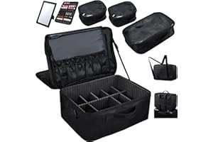 Adazzo Extra Large Makeup Case 8.5” Deep Professional Cosmetic Organizer Box Brush Holder with 3 Clear Set Bags/Lipstick Plate for Makeup Artists with Shoulder Strap/Adjustable Dividers/Luggage Sleeve