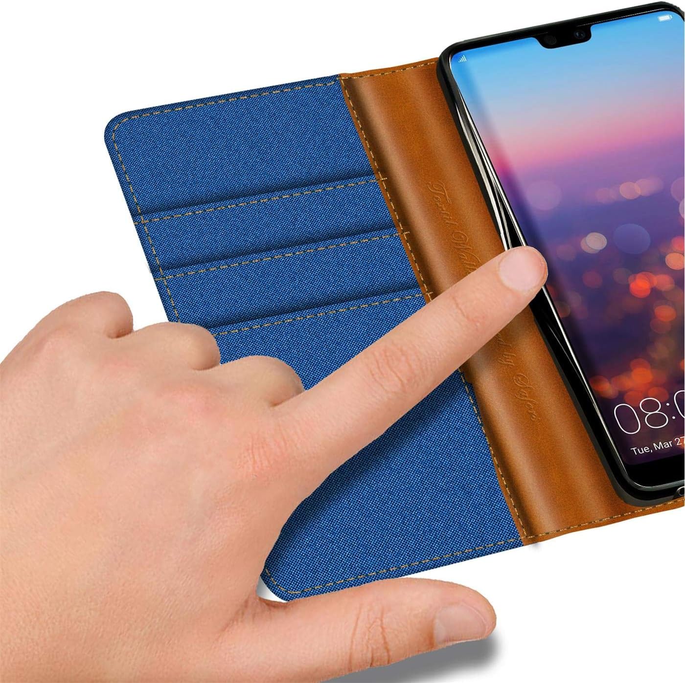 Verco Phone Wallet Case compatible with the Huawei P20, Canvas Faux Leather Book Cover for the P20 Flip Case Bag Hinged - Blue - Image 4