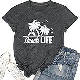 Beach Shirt Women Beach Life Graphic T Shirt Short Sleeve Fun Hawaiian Shirts Coconut Tree Casual Summer Vacation Tees Top ﻿