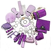 YLSHG Shiny Safety Keychain Set with Personal Alarm, 19 Pcs Keychain Accessories Kit with Whistle Pompom, Gift Set for Women
