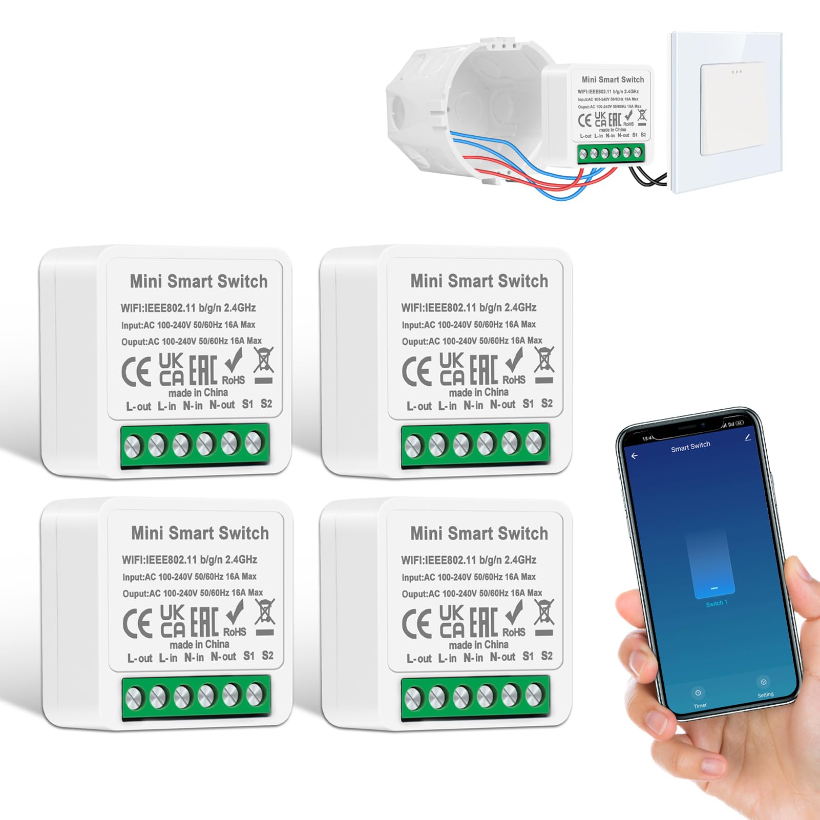 4 Pack CNBINGO WiFi Smart Light Switch, Mini DIY Breaker Module, Compatible with Alexa Echo, Google Assistant, Fits Behind Rocker Wall Switches, Support 1 Way or 2 Way，Need Neutral Wire — image 1