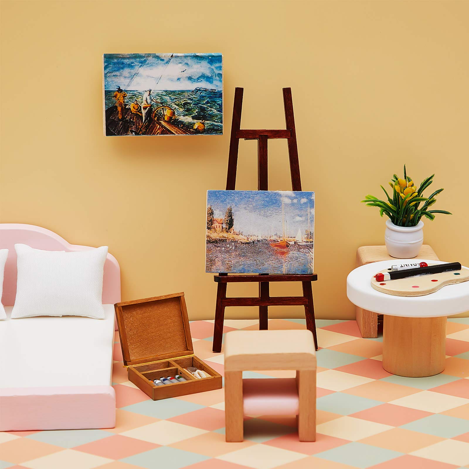 Skylety 3-Piece Dollhouse Painting Tool Accessories Set - Wooden Easel, Miniature Palette, Watercolor Box for Dolls