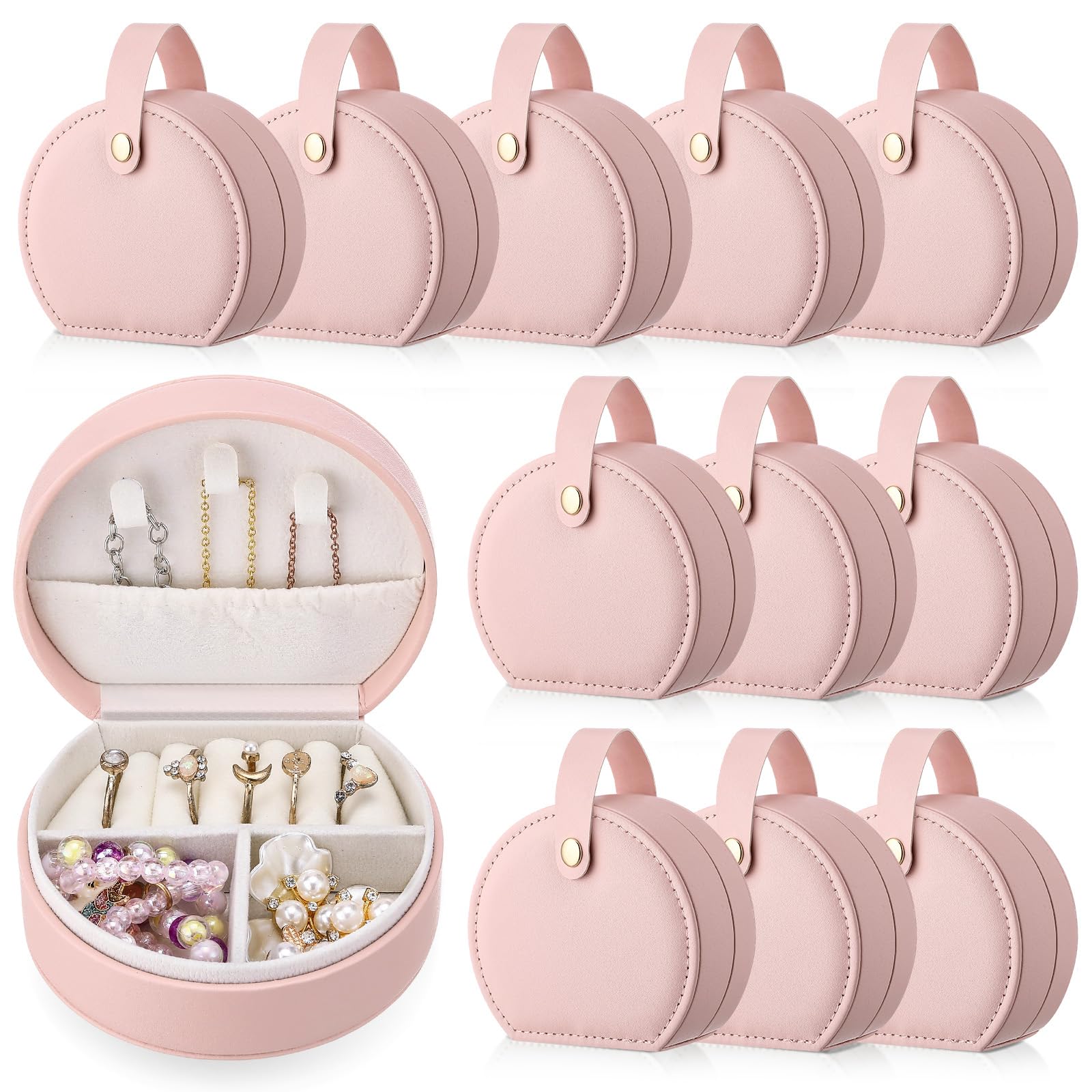 Photo 1 of Weysat 12 Pack Travel Jewelry Case Mini Leather Bridesmaid Jewelry Gift Box Bulk, Half Moon Design, Detachable Handle, Small Earring Storage Organizer for Women Girls Bridesmaid Proposal Gifts(Pink)