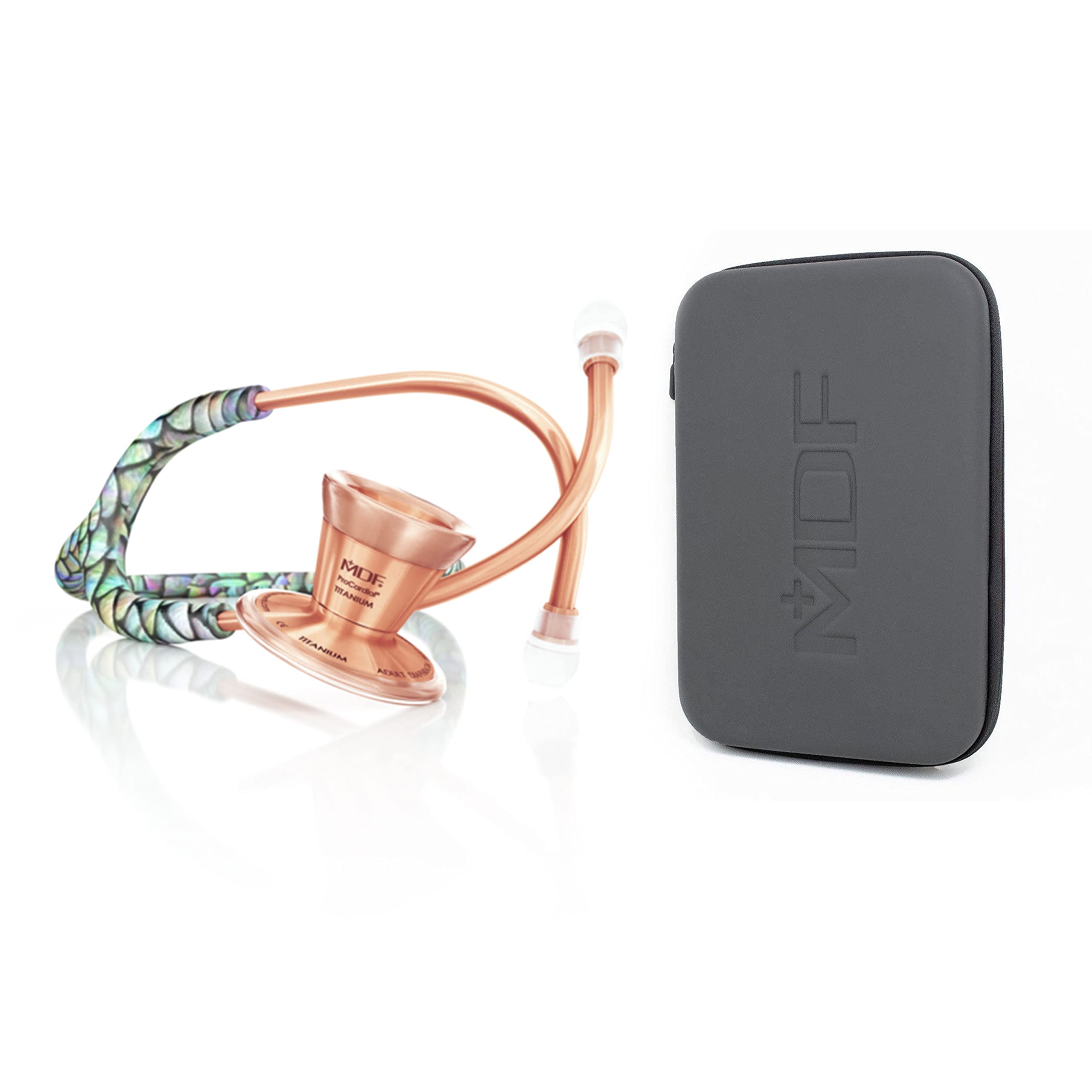 MDF Instruments, Gold ProCardial Cardiology Stethoscope, Lightweight Titanium, MDF797TMMRG + MDF Stethoscope Hard Travel Carrying Case with Mesh Pocket, Medium Size (MDFSCM12)