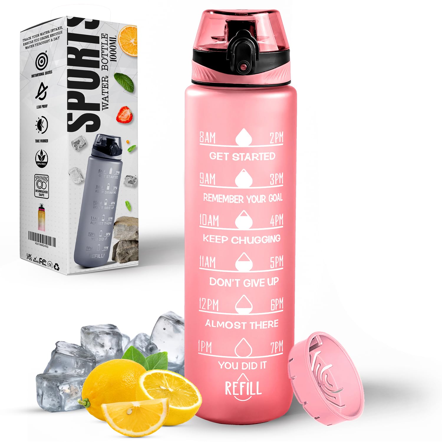 Roe Tenpo Water Bottle 1L, Sports Water Bottle with Time Markings, BPA-Free, Leak-Proof Drinks Bottle, Perfect for Running, Cycling, Gym, Yoga, Camping and Outdoor Activities, Pink